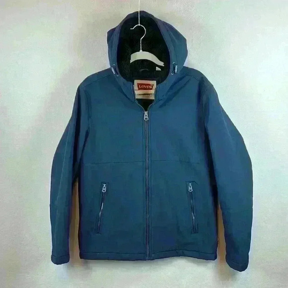 Levi's Men's Hooded Jacket Small Navy Blue Sherpa Lined Hood Quilted Lining - Picture 1 of 12